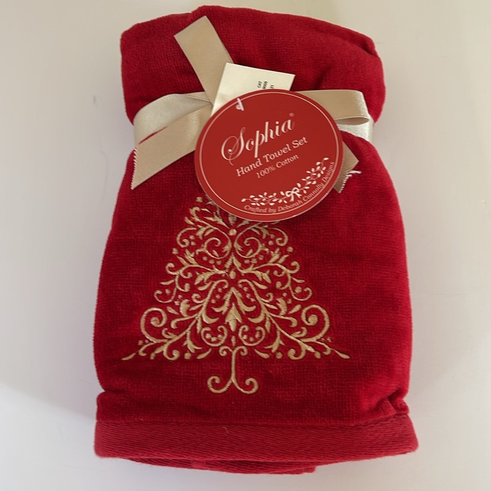 Sophia 2pk Hand Towels, Red with Gold Tree Design, 100% Cotton